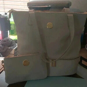 NWOT JOY MANGANO Double Decker Leather Tan Tote Purse with matching Wristlet